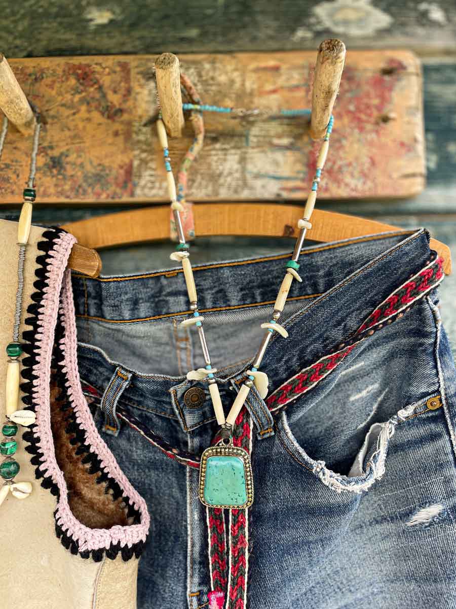 Handmade vintage bone bead, shell and turquoise necklace