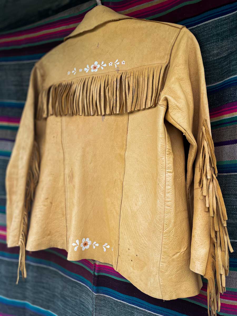 Vintage 70’s buckskin handmade shirt with hand painted flowers - Image 2
